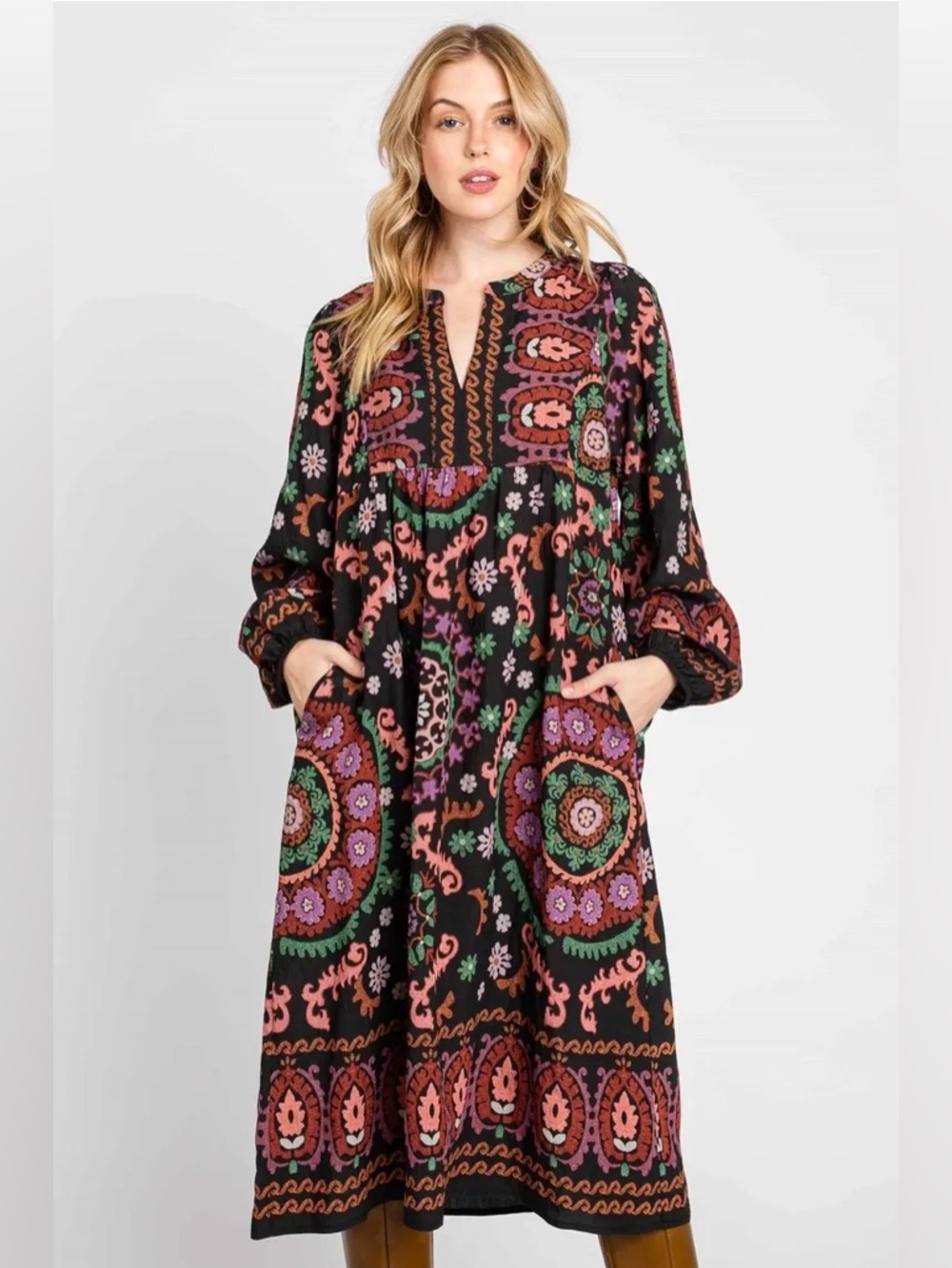 Boho Floral Midi Dress with Pink & Green Accents New